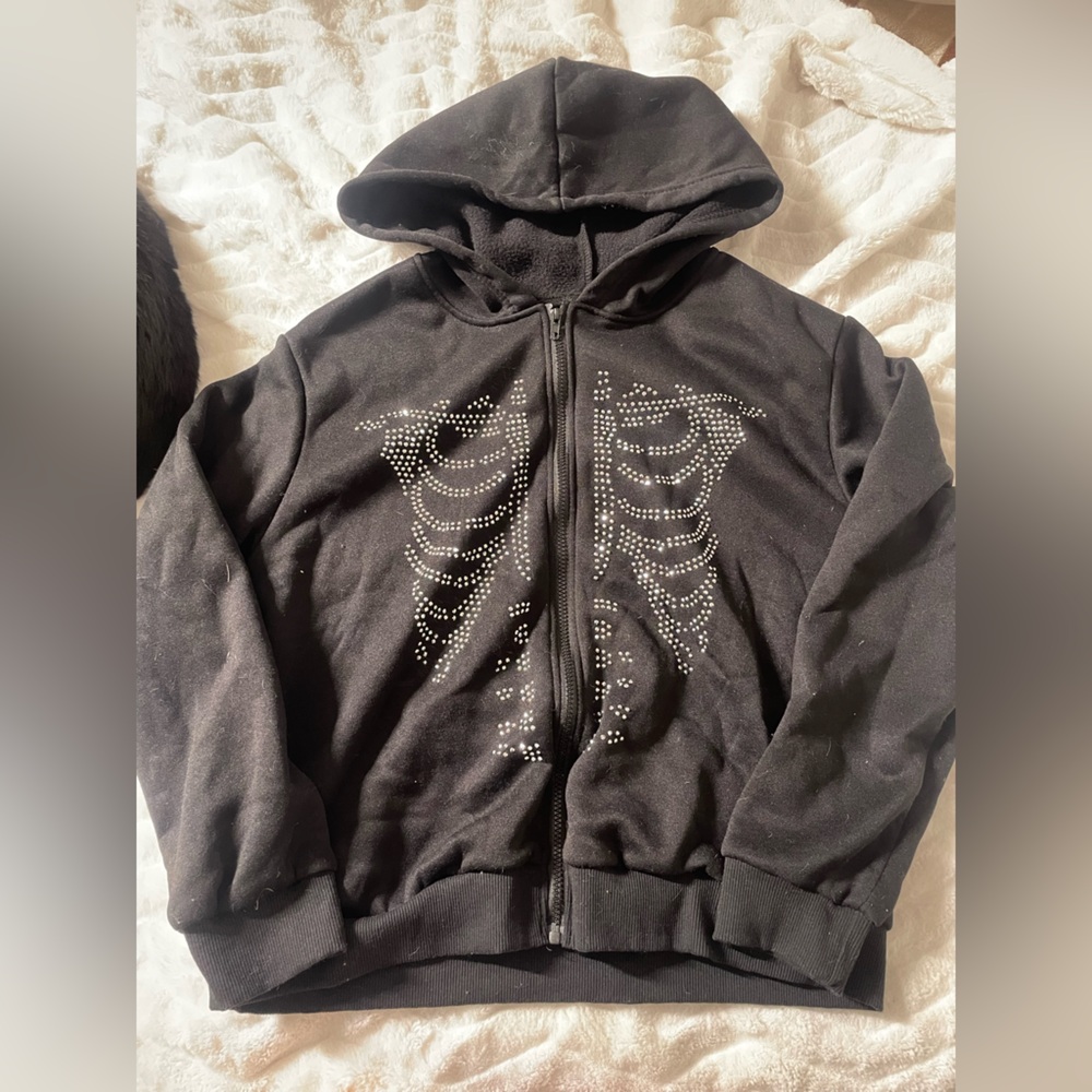Black Hoodie with Rhinestone Skeleton Design